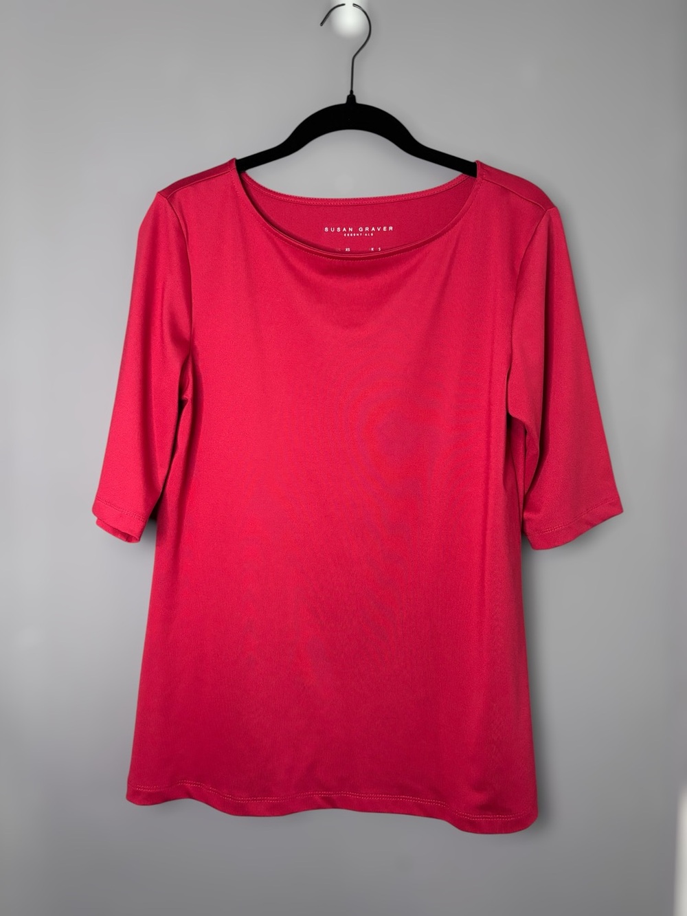 Susan Graver Essentials Red Liquid Knit 3/4 Sleeve Boatneck Top XS